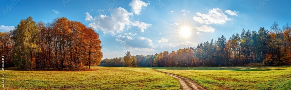 Fototapeta premium Vibrant autumn landscape with colorful trees and a winding path under a bright blue sky