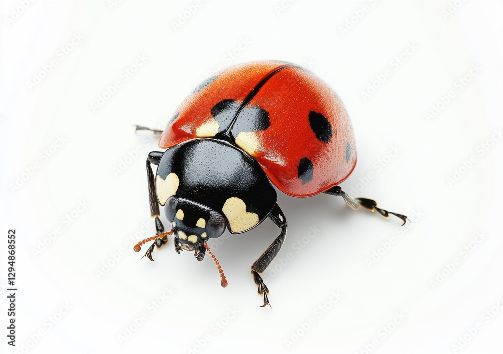 Bright red ladybug with distinctive black spots captured on white background during daytime exploration of nature Bright red ladybug with distinctive black spots captured on white background during daytime exploration of nature