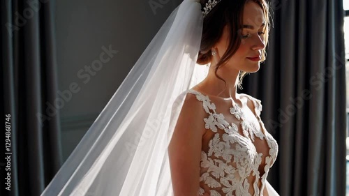 Slow Motion Beautiful Young Bride in Elegant Wedding Dress Standing Still, Romantic Bridal Portrait, Fixed Camera Movement, Serene Wedding Ceremony Scene, Graceful Marriage Concept, Bridal Background