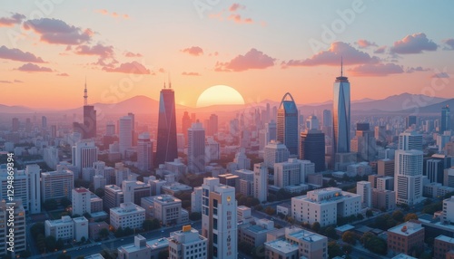 Minimalist isometric cityscapes at sunset
