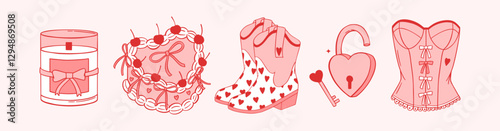 Coquette Girly red hand drawn vintage stickers and cliparts 