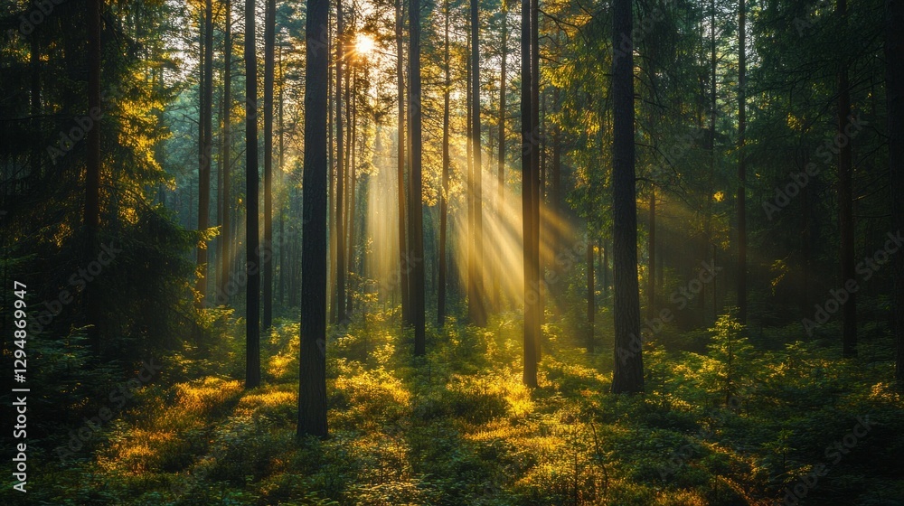 Obraz premium Golden sunlight streams through tall trees, illuminating the rich greenery of a dense Russian forest. The tranquility of nature is palpable in this serene morning setting