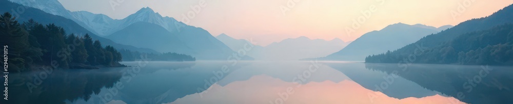 Fototapeta premium Misty morning on the mountain with a serene reflective lake, mist, calm, mountains