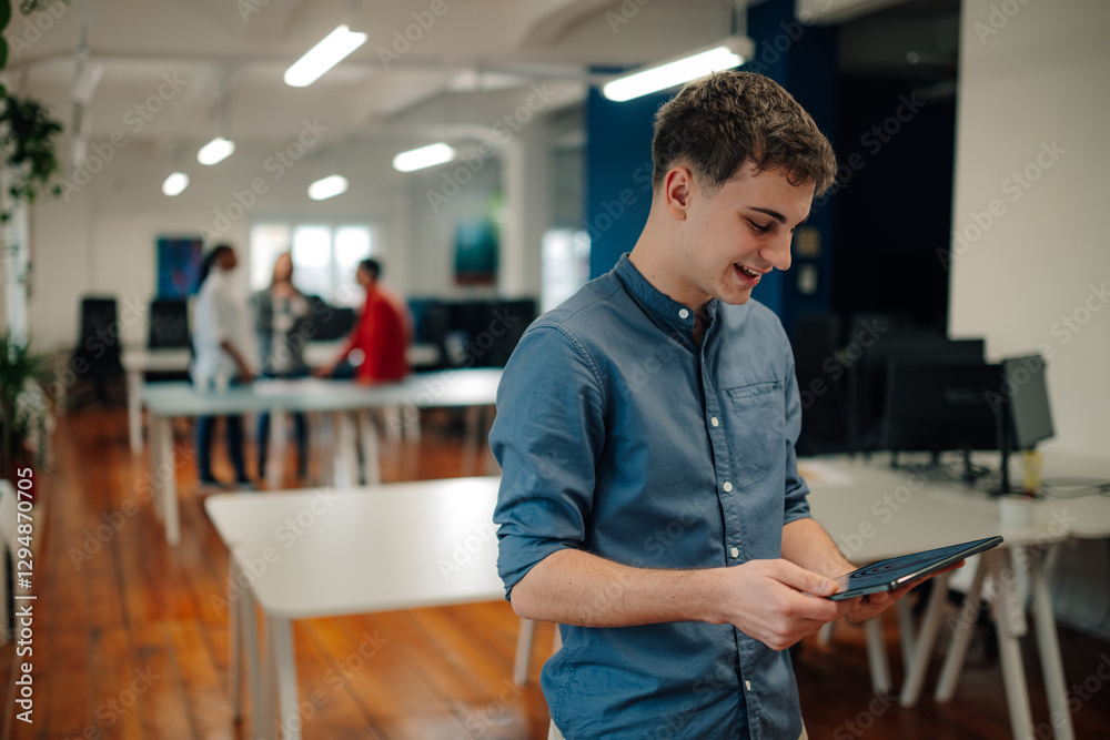 Young manager smiling and using digital tablet in modern office Young manager smiling and using digital tablet in modern office