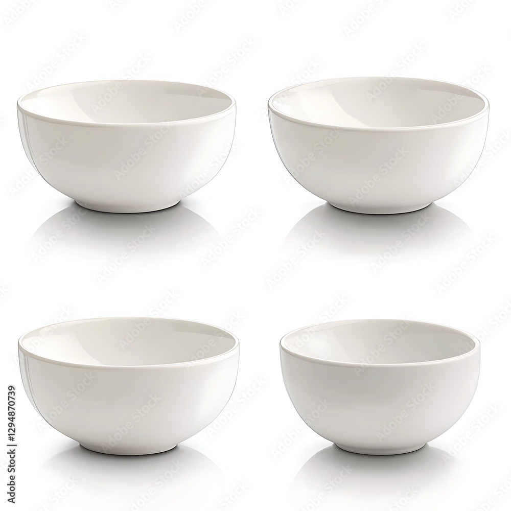 A set empty white bowls, each showcasing its smooth, clean surface The bowls are isolated on white background