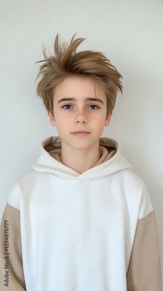 A young boy stands confidently with tousled hair, wearing a simple hoodie. The neutral background highlights his expression, creating a modern, casual look A young boy stands confidently with tousled hair, wearing a simple hoodie. The neutral background highlights his expression, creating a modern, casual look
