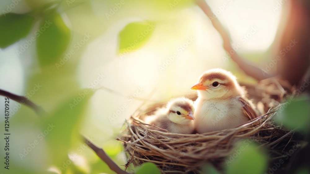 Obraz premium Bird in nest on tree in Spring.