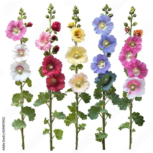 A set hollyhock flowers with rich, colorful blooms The flowers are arranged neatly, isolated on white background to highlight their detail