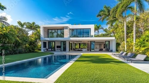 Elegant Backyard of a Modern Home in Miami Beach with Pool and Tropical Landscaping
