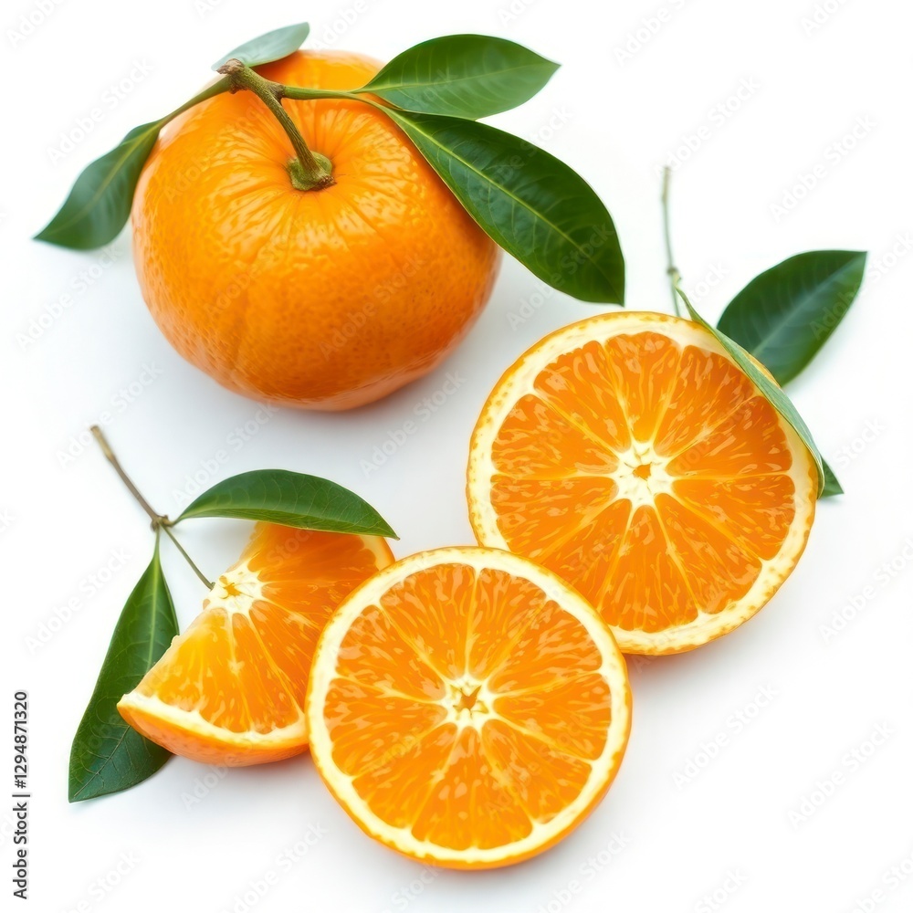 a whole orange, half an orange, and a few sliced leaves, each isolated on a clean white background a whole orange, half an orange, and a few sliced leaves, each isolated on a clean white background