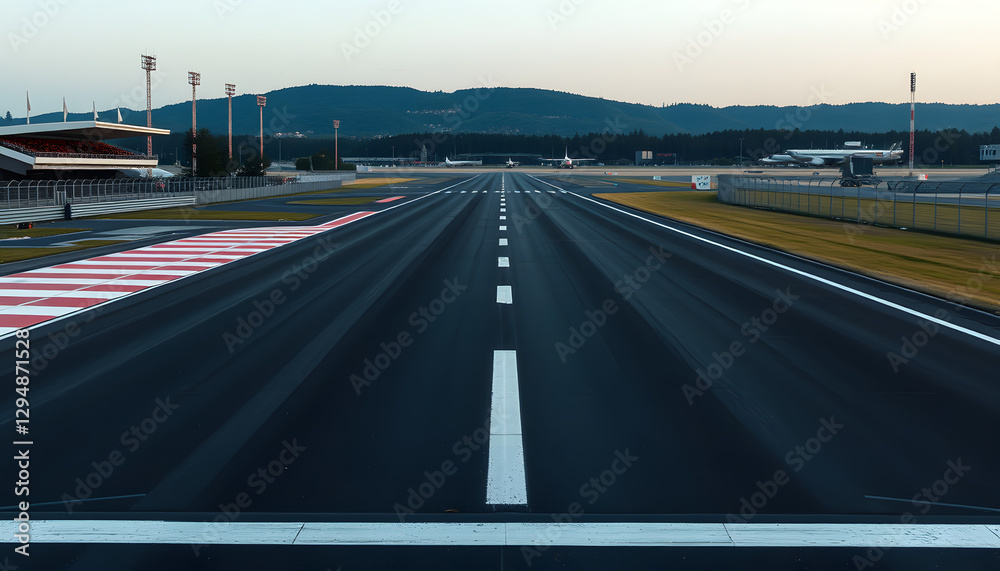 A dark asphalt runway with boundless views of the international racetrack, with the finish line at the start and the evening light, smooth light. with white shades A dark asphalt runway with boundless views of the international racetrack, with the finish line at the start and the evening light, smooth light. with white shades