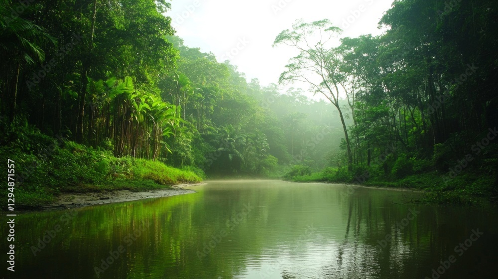 Tranquil Rainforest River Scene with Lush Greenery and Misty Atmosphere Tranquil Rainforest River Scene with Lush Greenery and Misty Atmosphere