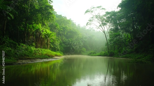 Tranquil Rainforest River Scene with Lush Greenery and Misty Atmosphere
