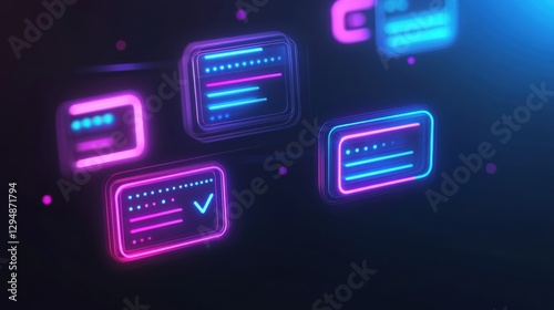 Floating message bubbles illuminate social media chat interface with glowing text notifications at night. Generative AI