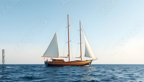 Vintage wooden two mast yacht (yawl) sailing in a open sea on a clear day, flat design. with white shades