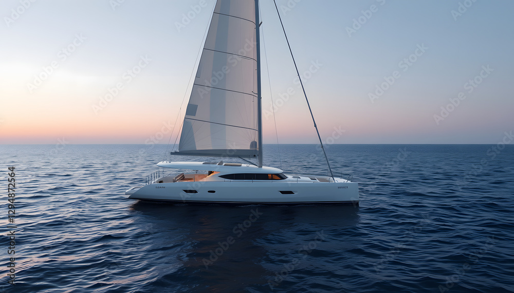 Fototapeta premium Concept of Sailing yacht catamaran sailing in the sea, minimalism. with white shades