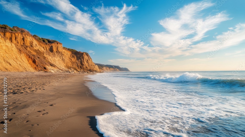 Sandy Beach with Golden Cliffs and Blue Ocean under Sunny Sky