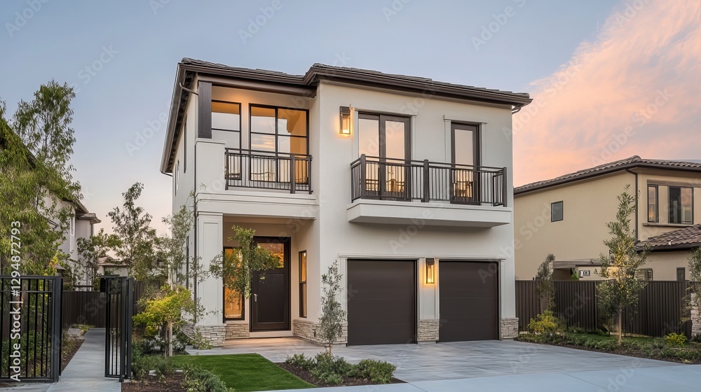 Fototapeta premium Two-Story Modern House with Balcony and Gated Driveway 
