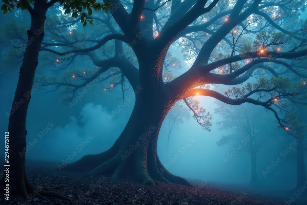 Naklejka premium Softly glowing mist swirls around a mystical tree in the forest, blue, atmosphere, branches