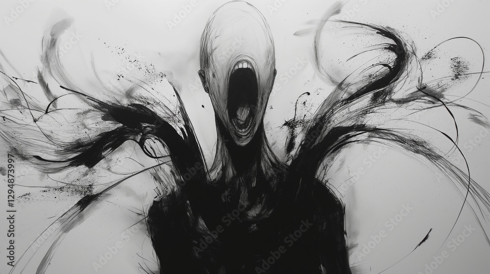 Fototapeta premium Eerie black and white painting of a shadowy monster.