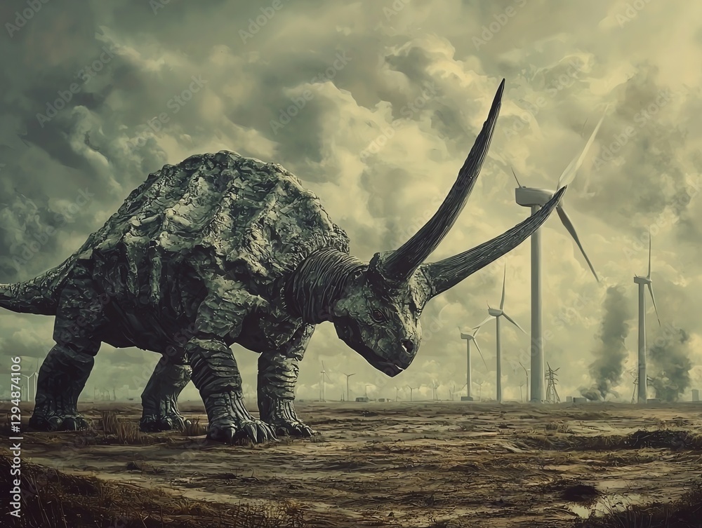 Fototapeta premium Fossil Fools Day awareness artwork, humorous depiction of ancient fossils being traded for clean energy solutions, eco-conscious concept