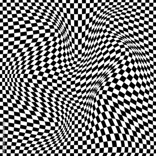 Illusion abstract black and white background. Chess concept 3d texture. Damage wavy pattern with the distorted effect. Racial flag for various sports. Vector illustration.