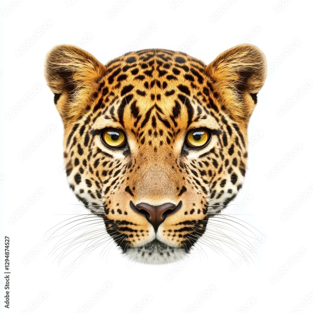Captivating closeup of a leopard, showcasing its stunning fur and intense gaze against a clean white backdrop. Captivating closeup of a leopard, showcasing its stunning fur and intense gaze against a clean white backdrop.