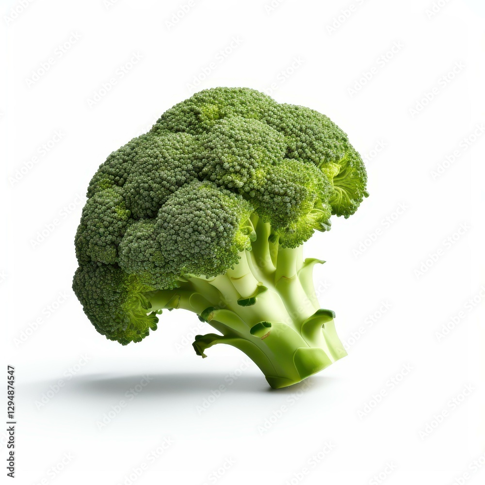 A fresh broccoli cutout with vibrant green florets, showcasing its texture against a clean white backdrop. A fresh broccoli cutout with vibrant green florets, showcasing its texture against a clean white backdrop.