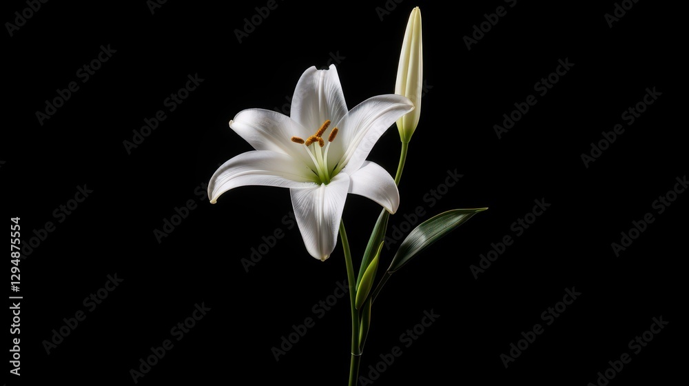 Obraz premium Delicate white lily blooms contrast beautifully against a rich black backdrop, symbolizing purity and elegance in nature.
