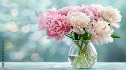 Fototapeta Naklejka Na Ścianę i Meble -  Delight in gorgeous pink and white peonies basking in sunbeams, creating a serene atmosphere perfect for any space.