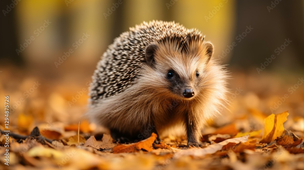 Fototapeta premium A cute young hedgehog explores the lush forest, blending in with natures vibrant greens and earthy tones.