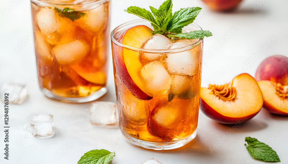 Peach iced tea. Iced tea with peach slices, mint and ice cubes on white background close up. Homemade refreshing summer drink Peach iced tea. Iced tea with peach slices, mint and ice cubes on white background close up. Homemade refreshing summer drink