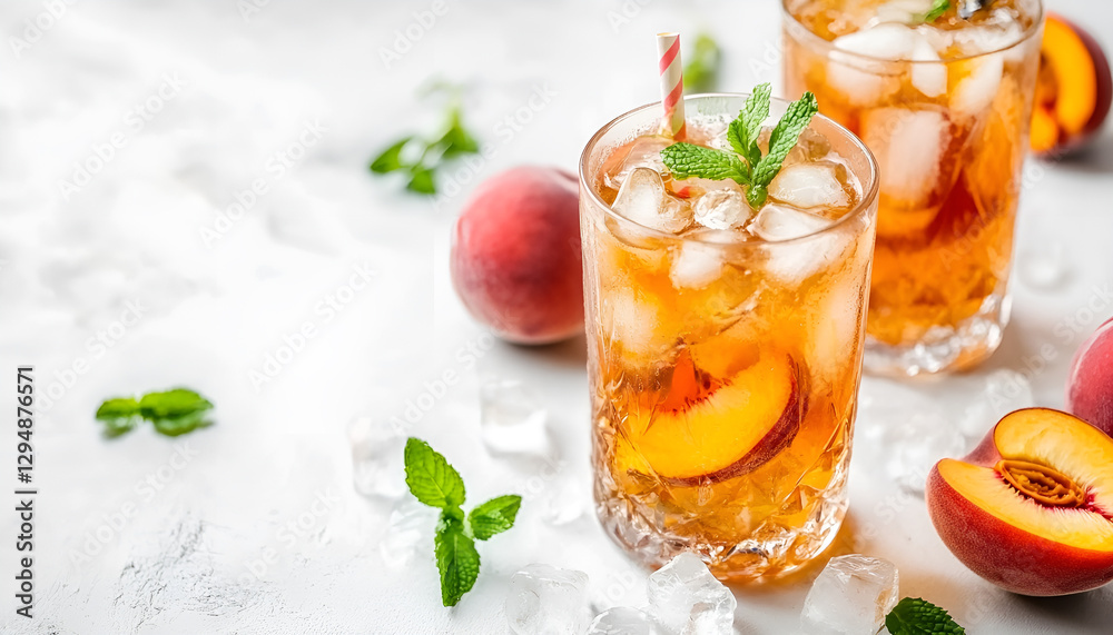 Fototapeta premium Peach iced tea. Iced tea with peach slices, mint and ice cubes on white background close up. Homemade refreshing summer drink