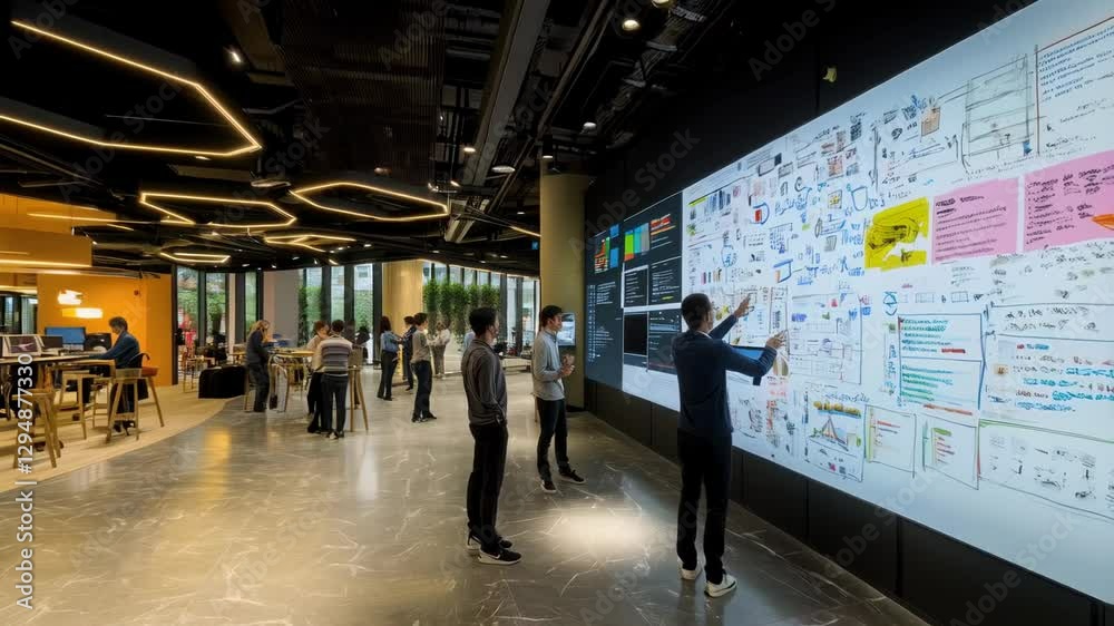 Modern Office Collaboration: Team Brainstorming on Interactive Wall Modern Office Collaboration: Team Brainstorming on Interactive Wall