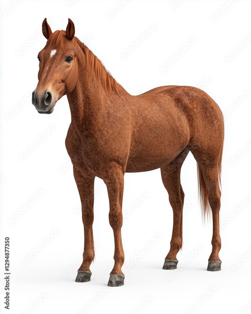 A realistic brown horse with a shiny coat standing against a white background. A realistic brown horse with a shiny coat standing against a white background.
