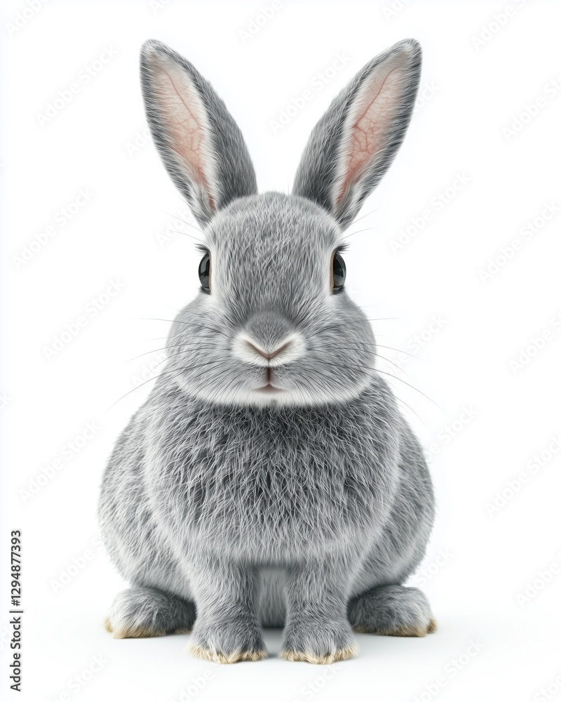 Obraz premium A fluffy gray rabbit with long ears sitting against a white background.