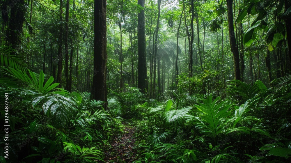 Fototapeta premium Lush Green Rainforest Path Under Soft Sunlight