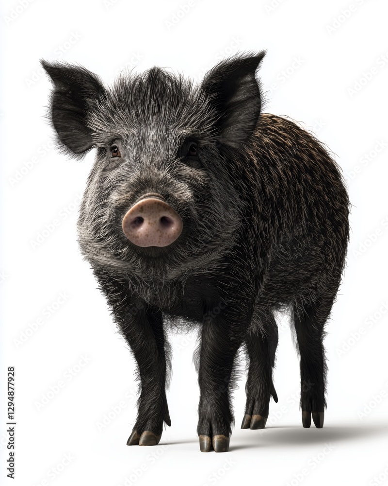A realistic wild boar with a thick coat and expressive features, isolated on a white background. A realistic wild boar with a thick coat and expressive features, isolated on a white background.