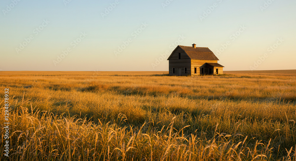 Abandoned House at Sunset in Wheat Field with Scenic Rural Landscape Abandoned House at Sunset in Wheat Field with Scenic Rural Landscape