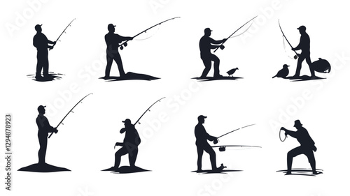 Fisherman catch fish. Fishing illustration. Flat vector illustration. Colorful and Black silhouettes of fishing with his dad son, vector Art & Illustration