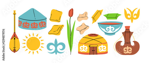 Kazakh national elements, ornaments hand drawn color Nauryz set