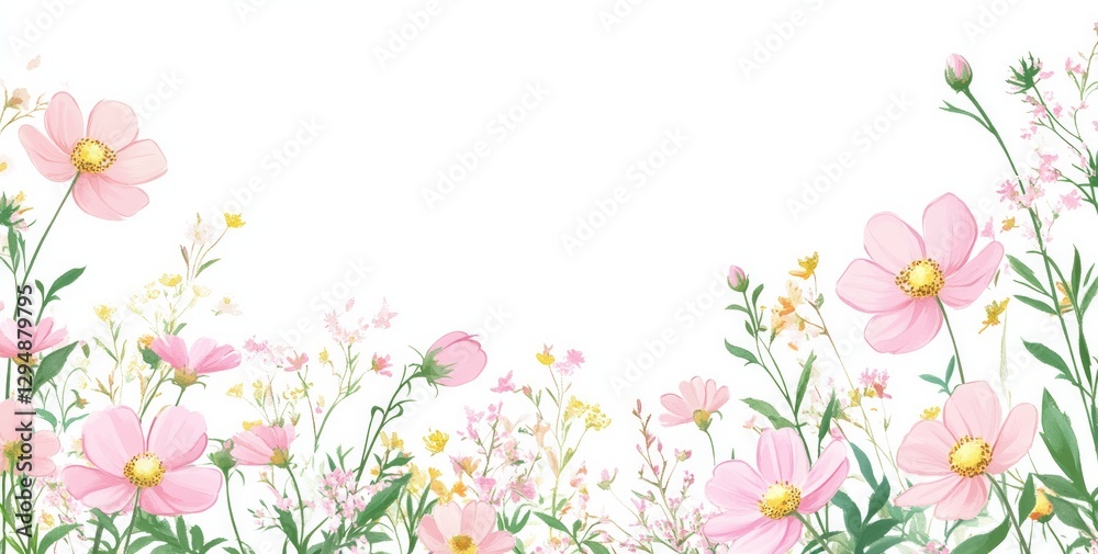 Delightful pink flowers and greenery on a white background Delightful pink flowers and greenery on a white background