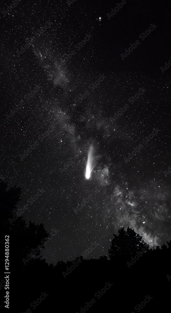 Night Sky Celestial Event: Bright Meteor Streaking Across Milky Way Galaxy Over Silhouetted Trees Night Sky Celestial Event: Bright Meteor Streaking Across Milky Way Galaxy Over Silhouetted Trees