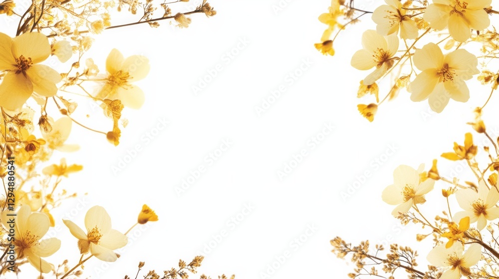 Delicate yellow flowers on white background with minimalist floral frame Delicate yellow flowers on white background with minimalist floral frame