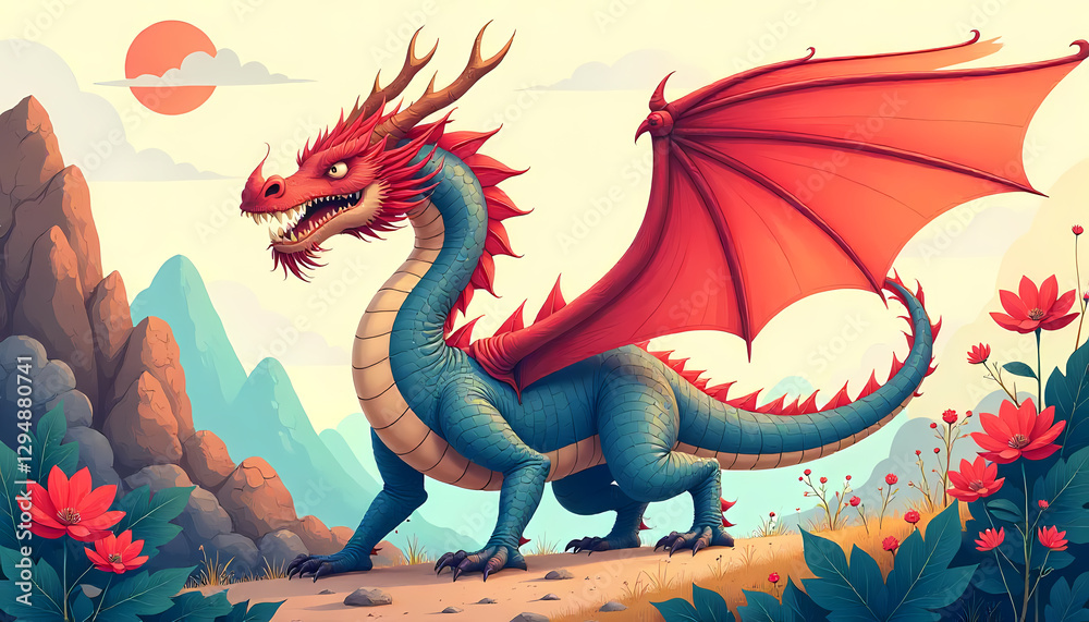 Obraz premium Majestic Dragon in a Mountainous Landscape