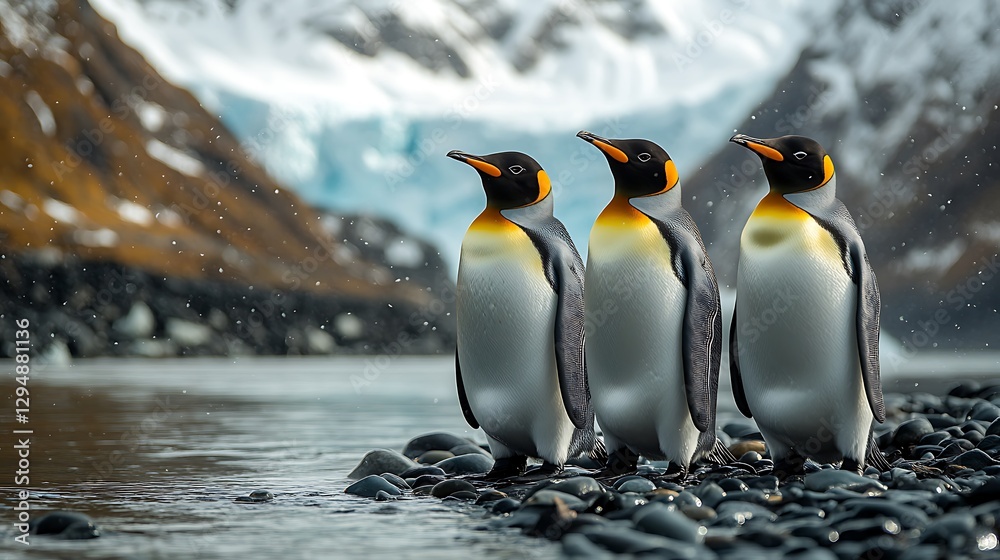 Fototapeta premium Landscape wildlife snowy king penguins high resolution hd photo