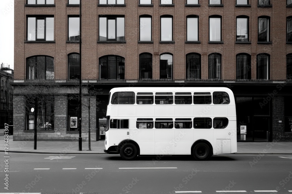 Obraz premium A vintage white double-decker bus stands elegantly in front of a modern brick building, showcasing the contrast between classic transport and contemporary architecture.