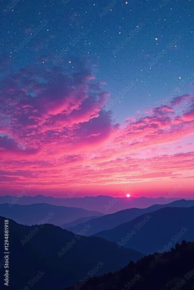 Fototapeta premium Gradient of pink and blue sky fades into night, , darkening sky, evening sky