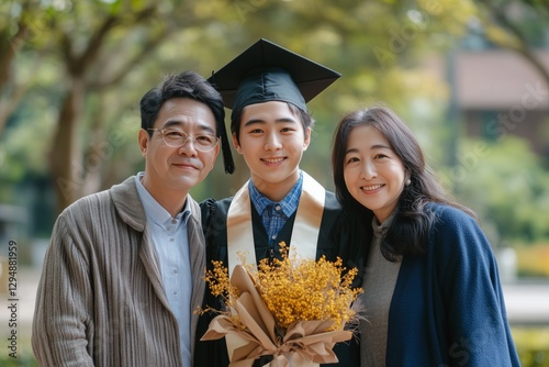 Happy asian family father and mother with their graduate son finished the university wearing alumni cap on graduation ceremony