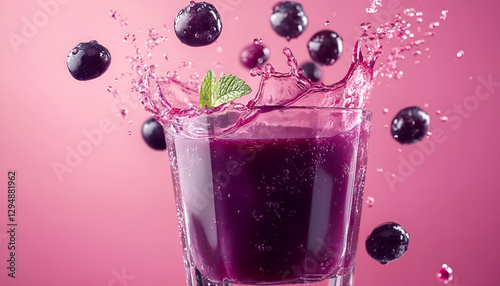 splash of acai juice with acai berries flying amonst it. studio setup